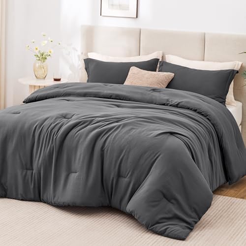 Love's cabin Dark Grey King Size Comforter Set, 3-Piece Prewashed Bed Set