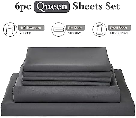 ILAVANDE Grey Queen Sheets Set 6 Piece,Hotel Luxury Super Soft 1800 Series Microfiber Queen Bed Sheets Set-Wrinkle Free & Breathable-14 Deep Pocket Sheets for Queen Size Bed(Queen,Grey)