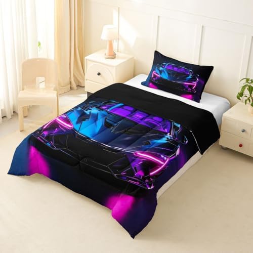 Feelyou Boys Race Car Comforter Set Toddler Size Speed Sports Car Bedding Set for Kids Boys Girls Extreme Sports Duvet Quilt Automobile Bedroom Decor Microfiber 2 Pcs with 1 Pillow Cases