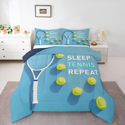 Castle Fairy Sports Tennis Bedding Set Full Size Tennis Racket Balls Comforter Set for Kids Teens Room Decor Fashion Sport Competition Duvet Insert SkyBlue Yellow Down Comforter Set,3Pcs