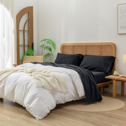 BESTOUCH Sheet Set 100% Washed Cotton Linen Feel Super Soft Comfortable Chic Lightweight 4 Pcs Home Bedding Set Solid Dark Black Queen