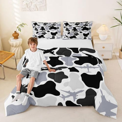 Feelyou Gray Airplane Kids Comforter Set Queen Size Camouflage Aircraft Bedding Set Camo Military Duvet Quilt for Kids Boys Girls Bedroom Decor Microfiber Ultra Soft Breathable