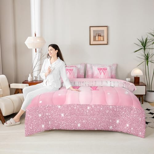 Feelyou Boys Girls Pink Bowknot Comforter Set with Sheets King Size, Personalized Initial W 7 Pieces Bedding Set Princess Glitter Bed in A Bag Kids Bow Monogrammed Teens Bed Set Bedroom Decor 7Pcs