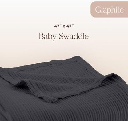 100% Cotton Organic Muslin Baby Swaddle Blanket GOTS & Fairtrade Certified Organic Cotton - Couch Living Room and Bedroom Decor - 4 Layer Super Soft and Cozy (Graphite, Baby)