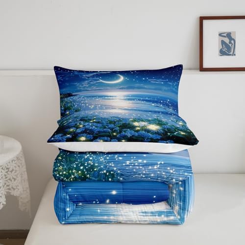 Homewish Coastal Beach Bedding Set Full Size,Blue Floral Comforter Set 3Pcs for Kids Girls Boys Teens Room Decor,Moon Night Quilt Set Blue Dreamy Romantic Duvet Insert,2 Pillowcases
