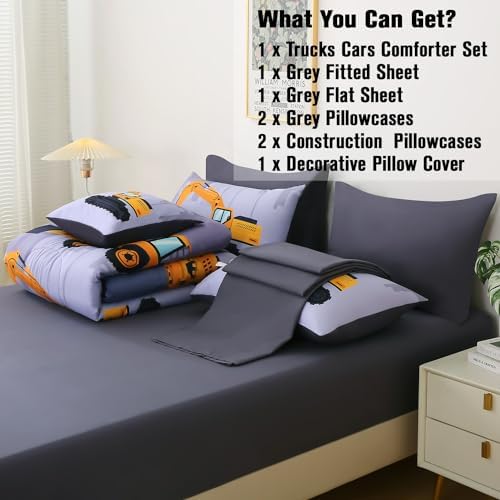 JQinHome Construction Queen Bedding Sets for Boys Kids,8 Piece Bed in A Bag 3D Cartoon Car Excavator Tractor Comforter Set with Sheet Set,Trucks Cars