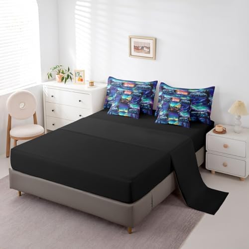 Erosebridal 7Pc RV Camping Full Bedding Set for Camper Decor,Aurora Rustic Mountain Comforter Set with Sheets for Kids Adults,Travel Trailer Bunk Quilt Bed Set with Fitted+Flat Sheet,Pillowcases