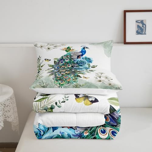 Teens Peacock Comforter Set Queen Size,Butterfly and Floral Bedding Set for Kids Boys Girls Bedroom Decoration,Retro Chinese Style Bed Duvet Insert,Watercolor Feathers Comforter with 2 Pillowcases