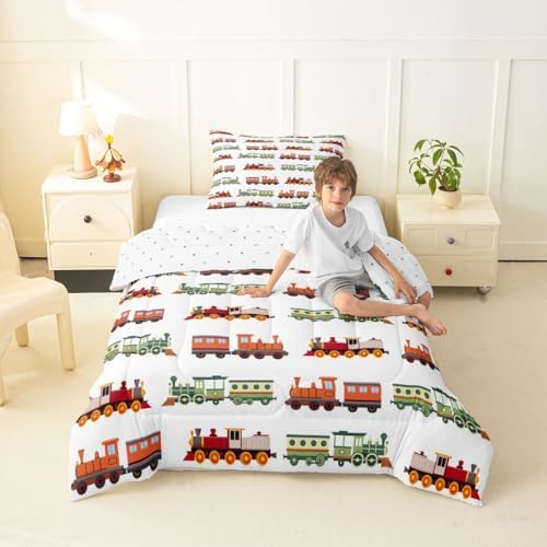 Feelyou Retro Train Comforter Set Toddler Size Vintage Steam Locomotive Down Bedding Set for Kids Boys Girls Transportation Vehicles Duvet Quilt Bedroom Decor Microfiber 2 Pcs with 1 Pillow Case