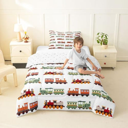 Feelyou Retro Train Comforter Set Toddler Size Vintage Steam Locomotive Down Bedding Set for Kids Boys Girls Transportation Vehicles Duvet Quilt Bedroom Decor Microfiber 2 Pcs with 1 Pillow Case