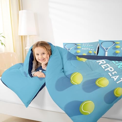 Castle Fairy Sports Tennis Bedding Set Full Size Tennis Racket Balls Comforter Set for Kids Teens Room Decor Fashion Sport Competition Duvet Insert SkyBlue Yellow Down Comforter Set,3Pcs