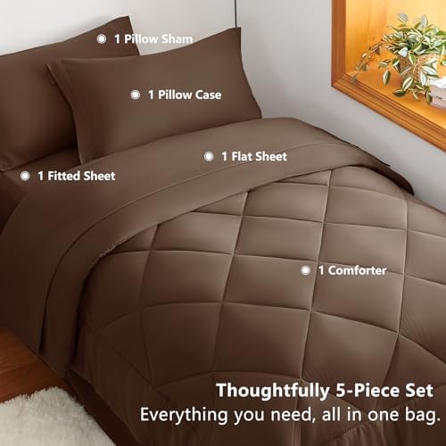 CozyLux Twin Comforter Set 68"x88" Brown - 5 Piece Bed in a Bag