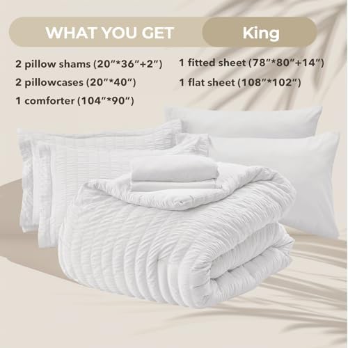 HYMOKEGE White King Size Comforter Set Seersucker 7 Pieces, All Season Luxury Bed in a Bag for Bedroom, Bedding Set with Comforters, Sheets, Pillowcases & Shams