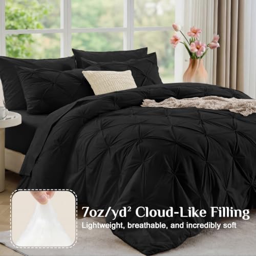 JOLLYVOGUE Black Queen Comforter Set 7 Pieces - Bed in a Bag Queen for All Season, Pintuck Bedding Comforter Sets with Comforter, Flat Sheet, Fitted Sheet and Pillowcases & Shams