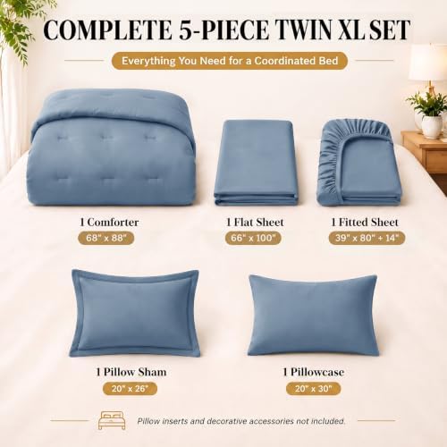 CozyLux Twin XL Comforter Grayish Blue, 5 Pieces Bed in a Bag