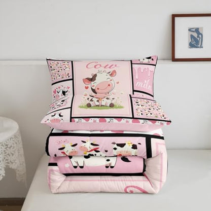 Cute Cow Print Comforter Set Full Size Kawaii Highland Cow Bedding for Boys Girls Lovely Farmhouse Animal Decor Bedding Comforter Sets Pink Milk Cow Print Duvet Insert Plaid Stripe Quilt