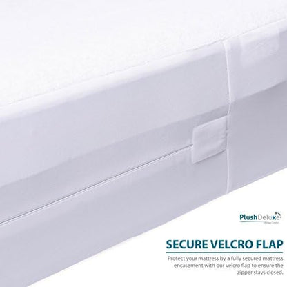 PlushDeluxe Twin Size Premium Mattress Encasement - Zippered Waterproof, Bedbug Proof Design, 6-Sided Protection - Hypoallergenic Cotton Terry Fabric 12-15" Depth