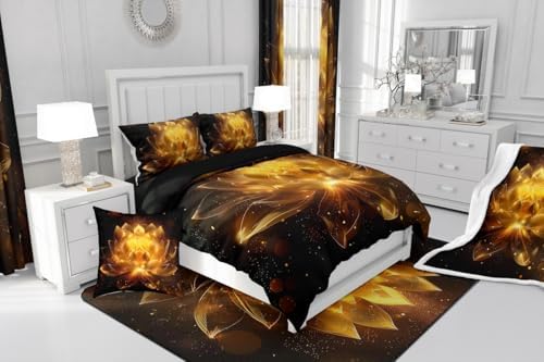 jejeloiu Golden Black Comforter Set Queen Size Kids Golden Lotus Flower Bedding Set for Boys Girls Teens Zen Spa Duvet Breathable Floral Quilt Bedroom Decor,1 Comforter with 2 Pillowcase