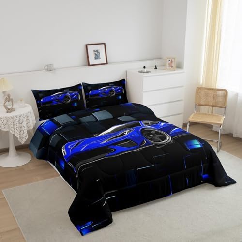 Erosebridal Race Car Twin Comforter Set for Boys Blue Sports Car Kids Bedding Set Cool Speed Race Car Down Comforter Extreme Sports Racing Competition Quilt 3D Geometric Duvet Insert