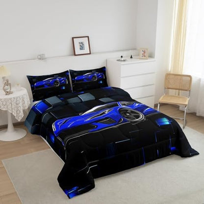 Erosebridal Race Car Twin Comforter Set for Boys Blue Sports Car Kids Bedding Set Cool Speed Race Car Down Comforter Extreme Sports Racing Competition Quilt 3D Geometric Duvet Insert