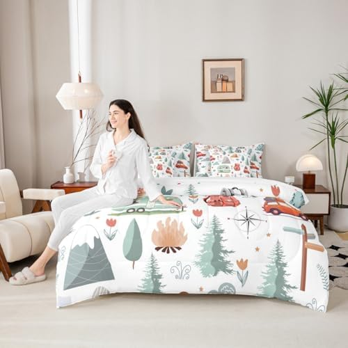 Erosebridal Kids Camper Theme 7 Pcs Comforter Set Full Bed in a Bag,Happy Camping Bedding Set,Travel Car Rv Accessories Down Comforter,Botanical Flowers Mountain Adventure Quilt,Cute Camper Sheets