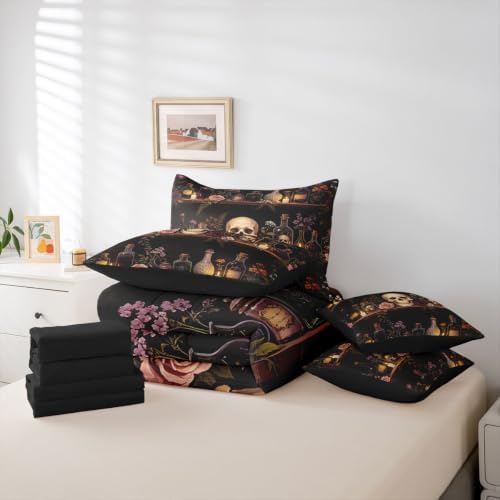 Erosebridal Skull Halloween 7 Piece Bedding Set Queen Cool Painting Comforter Set with Sheets Gothic Vintage Witchy Bed in a Bag Spooky Magic Bookshelf Bed Sets Comforter