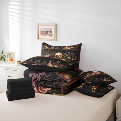 Erosebridal Skull Halloween 7 Piece Bedding Set Queen Cool Painting Comforter Set with Sheets Gothic Vintage Witchy Bed in a Bag Spooky Magic Bookshelf Bed Sets Comforter
