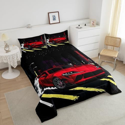 Erosebridal Kids Sports Car Comforter Set King Speed Race Car Boys Bedding Set Automobile Extreme Sport Down Comforter Racing Sports Quilt Racing Car Duvet Insert 3Pcs Bedding Decor