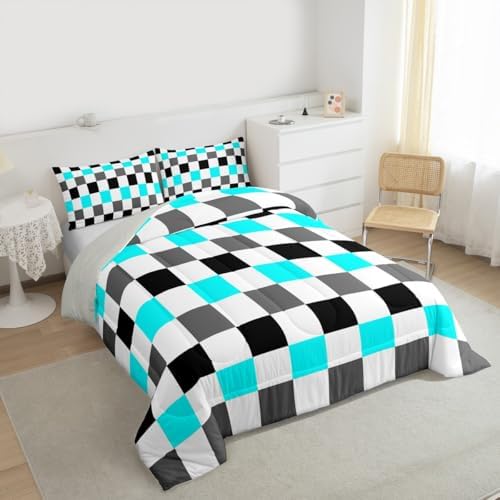Feelyou Checkered Geometric Bedding Set for Boys Girls Teal Grey Black Plaid Comforter Set King Size Checkerboard Modern Aesthetic Duvet Quilt Reversible Grey Bedroom Decor 3 Pcs with 2 Pillow Cases