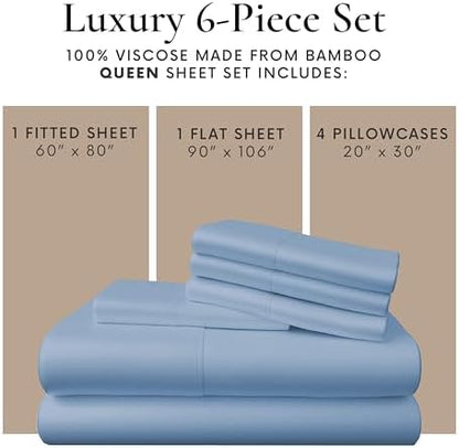 Bamboo Bay 6 Piece Queen Size Sheet Set, 100% Viscose Made from Bamboo, Breathable, Ultra Soft Cooling Bed Sheets for Hot Sleepers, Beddings with Deep Pockets Fit 16" Mattress, Light Blue