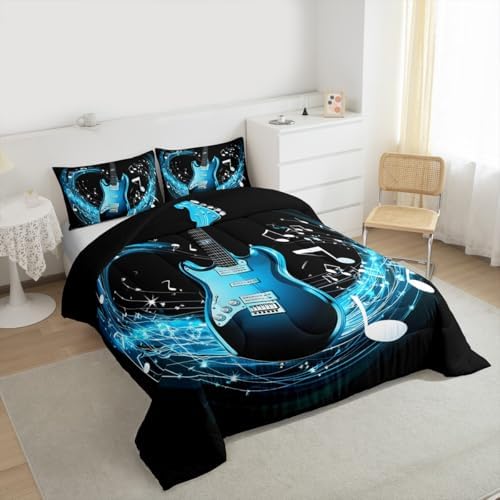 Erosebridal Guitar Comforter Set Queen,Blue Music Notes Down Comforter Rock Musical Bedding Set for Kids Boys Girls Teens,Cool Electric Instrument Hiphop Hippie Quilt Duvet Set 2 Pillow Cases Black