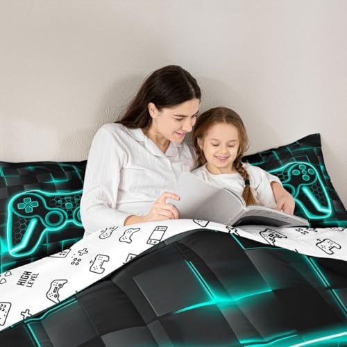 Feelyou Kids Gamer Comforter Set Queen Size Teal Blue and Black Bedding Set for Boys Teens Decor Gaming Ombre Comforter Geometric Square Duvet Set 3Pcs