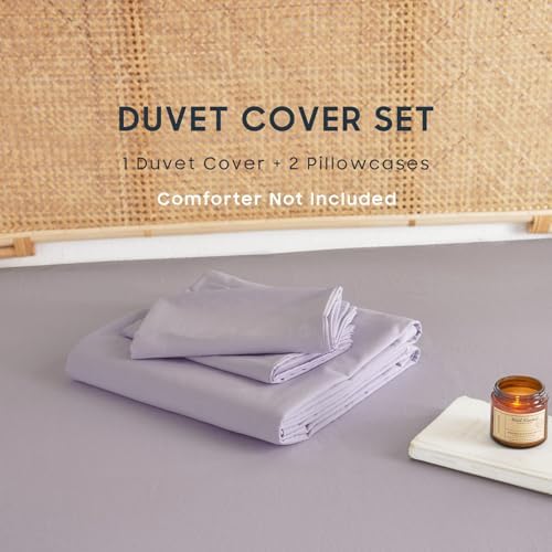 Wake In Cloud - Cotton Duvet Cover Set, 100% Washed Cotton, Linen Like Textured, Breathable Durable Comfy Farmhouse Neutral Bedding Set, 3 Pieces, Light Purple, Full Size