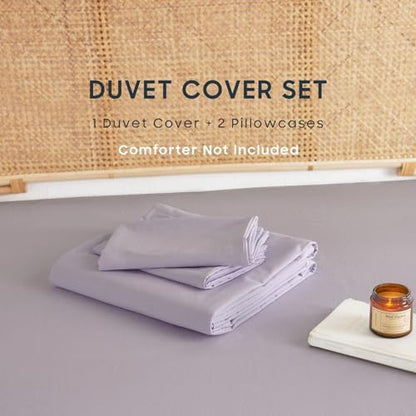 Wake In Cloud - Cotton Duvet Cover Set, 100% Washed Cotton, Linen Like Textured, Breathable Durable Comfy Farmhouse Neutral Bedding Set, 3 Pieces, Light Purple, Full Size