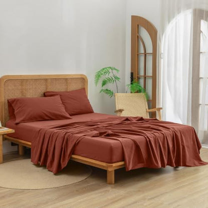 BESTOUCH Sheet Set 100% Washed Cotton Linen Feel Super Soft Comfortable Chic Lightweight 4 Pcs Home Bedding Set Solid Crimson Red Queen
