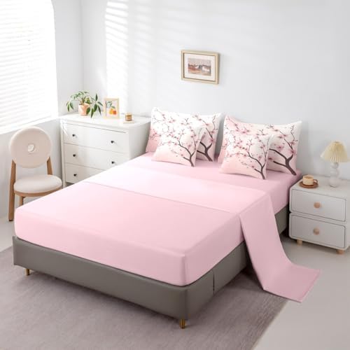 Erosebridal Cherry Blossoms Full Size Comforter Set, Girl Pink Floral 7-Piece Bed in A Bag, Japanese Spring Sheets and Pillowcases, Petal Branch Girly Romantic Bedding Set Room Decor