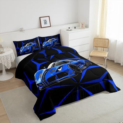 Castle Fairy Blue Race Car Bedding Set with 2 Pillowcases,Abstract Geometric Line Theme Comforter Set for Teens Adult Room,Extreme Sport Theme Racing Car Ultra Soft Bedding Set King Size,3 Pcs