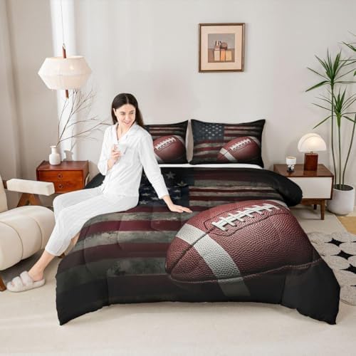 Erosebridal American Flag Bedding Set, Boys Football Comforter Set King Soccer Sports Games Down Comforter United States Federations Stars Stripes Duvet Sets for Kids Teens Adult Bedroom Decor