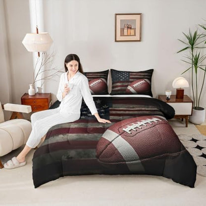 Erosebridal American Flag Bedding Set, Boys Football Comforter Set King Soccer Sports Games Down Comforter United States Federations Stars Stripes Duvet Sets for Kids Teens Adult Bedroom Decor