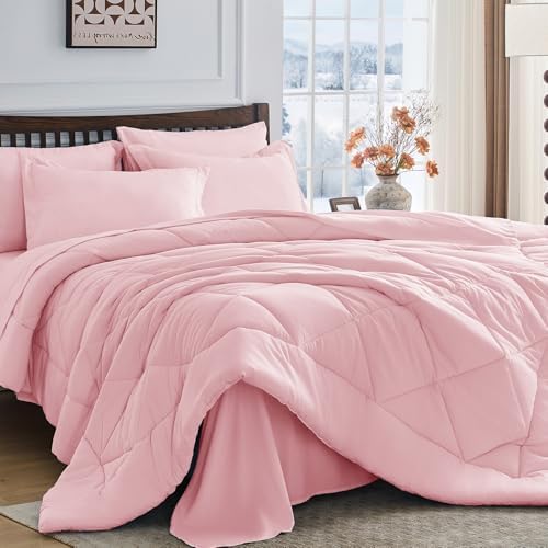 HEVUMYI 7-Piece King Comforter Set, Pink Bed in a Bag