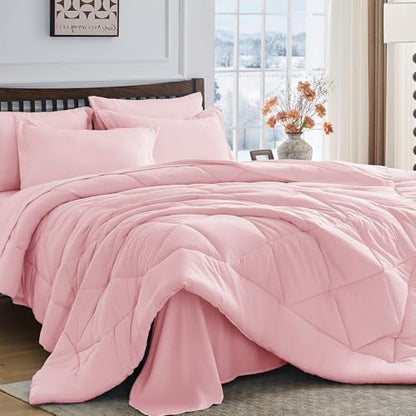 HEVUMYI 7-Piece King Comforter Set, Pink Bed in a Bag