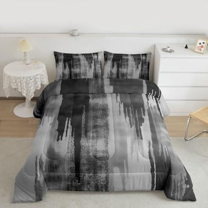 jejeloiu Black Gray Abstract Comforter Set All Season Modern Art Bedding Set with 1 Pillow Cases Splash Ink Abstract Microfiber Kids Toddler Bedclothes Luxury Bedroom Decor Duvet Quilt Breathable Soft