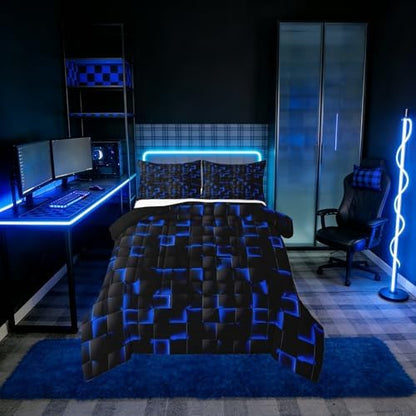 Erosebridal Neon Black Blue Boys Comforter Set Queen Size Geometric Checkered Kids Bedding Set Teen Men Gaming Room Decor,Abstract Ombre Plaid Comforter Grids Quilt Duvet