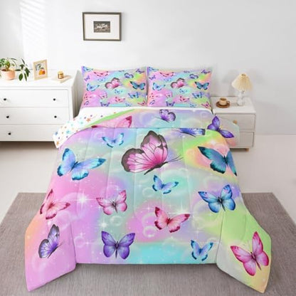 Rainbow Butterfly Comforter Set King Size For Girls Pink Blue Purple Watercolor Butterfly Quilt Bedding Sets Reversible Cute Colorful Stars Down Comforter,Pastel Tie Dye Duvet Insert 2 Pillow Cases