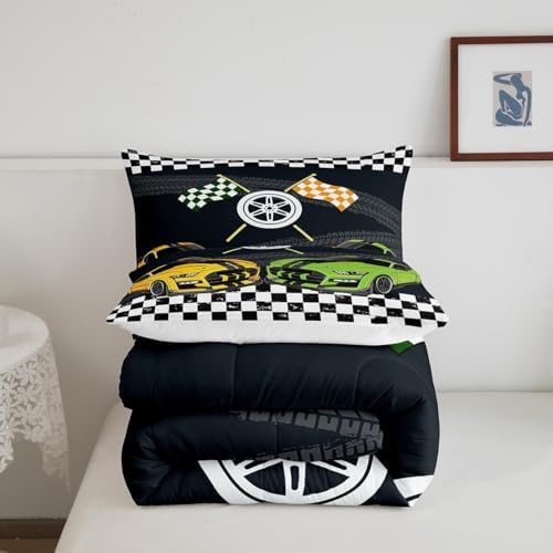 Castle Fairy Racing Car King Size Comforter Set,Kids Black and White Square Decor All Season Bedding Set,Teens Yellow and Green Comforter,Girls Sports Car Decor Quilt Set Bedroom Collection 3Pcs