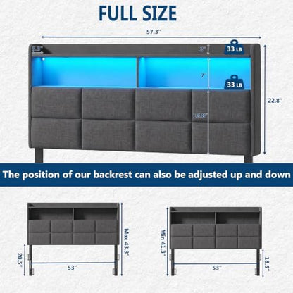 Garvee Full Size Headboard Only with 2-Tier Storage,Charging Station,Grey