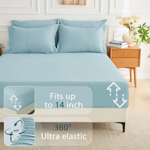 MUXHOMO 7 Pieces Oversized Queen Comforter Set, Soft Bed in a Bag Oversized Queen Size, All Season Bedding Set with Comforter, Flat Sheet, Fitted Sheet, Pillowcases & Shams, Lake Blue
