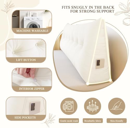 DANGHOOGY Headboard Pillow Queen, Large Triangular Wedge Headboard Pillow for Reading and Resting, Backrest Positioning Support Pillow with Removable Cover (Cream)