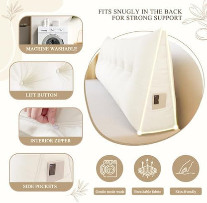 DANGHOOGY Headboard Pillow Queen, Large Triangular Wedge Headboard Pillow for Reading and Resting, Backrest Positioning Support Pillow with Removable Cover (Cream)