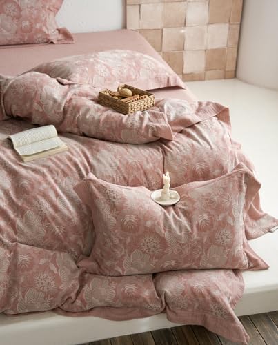 VM VOUGEMARKET Jacquard Floral Duvet Cover Set King,Yarn-Dyed Cotton Blush Pink Flower Duvet Cover Bordered,Vintage Garden Style Bedding Set King Size 3 Pieces